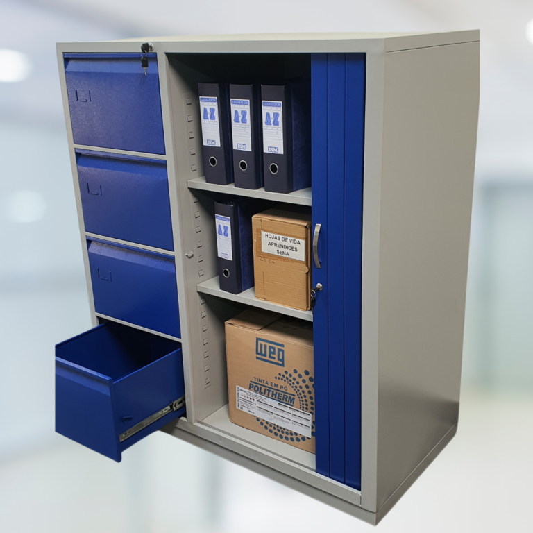 Archivador mixto de 4 gavetas para carpetas colgantes, puerta corrediza, entrepaños. Color azul