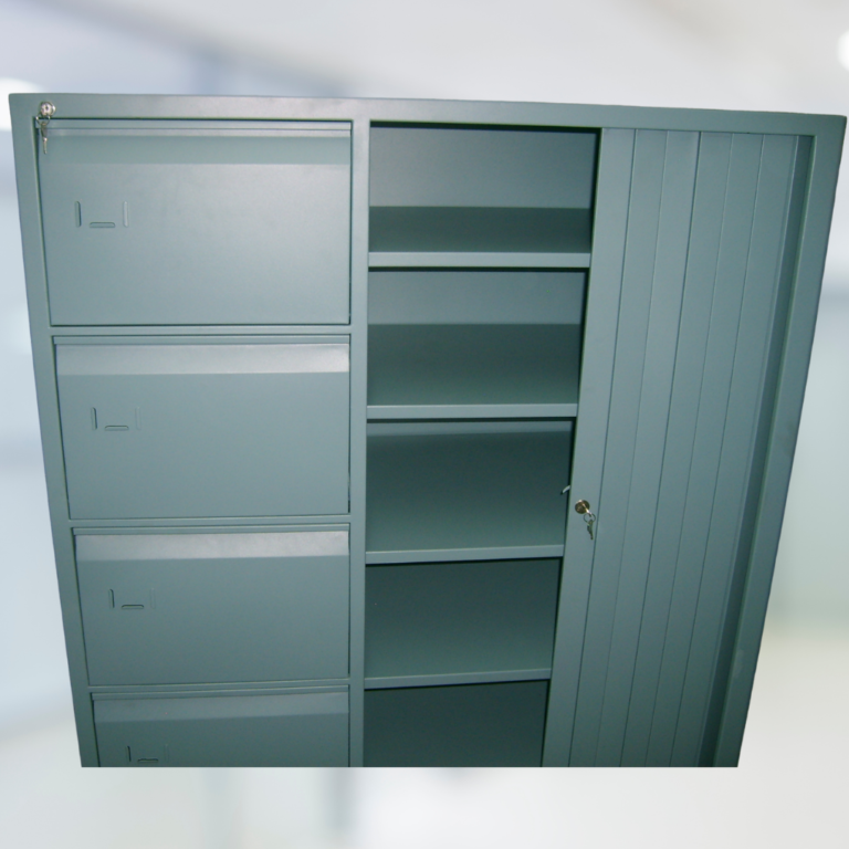 Archivador mixto de 4 gavetas para carpetas colgantes, puerta corrediza, entrepaños. Color gris