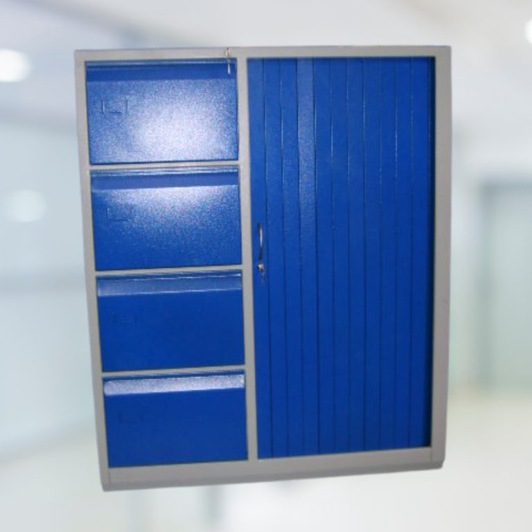 Archivador mixto de 4 gavetas para carpetas colgantes, puerta corrediza, entrepaños. Color azul