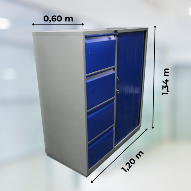 Archivador mixto azul de 4 gavetas. puerta corrediza y 2 entrepaños, para 3 espacios útiles.