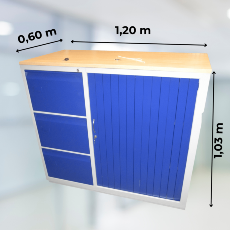 Archivador mixto azul de 3 gavetas. 3 puerta corrediza y 2 entrepaños, para 3 espacios utiles.